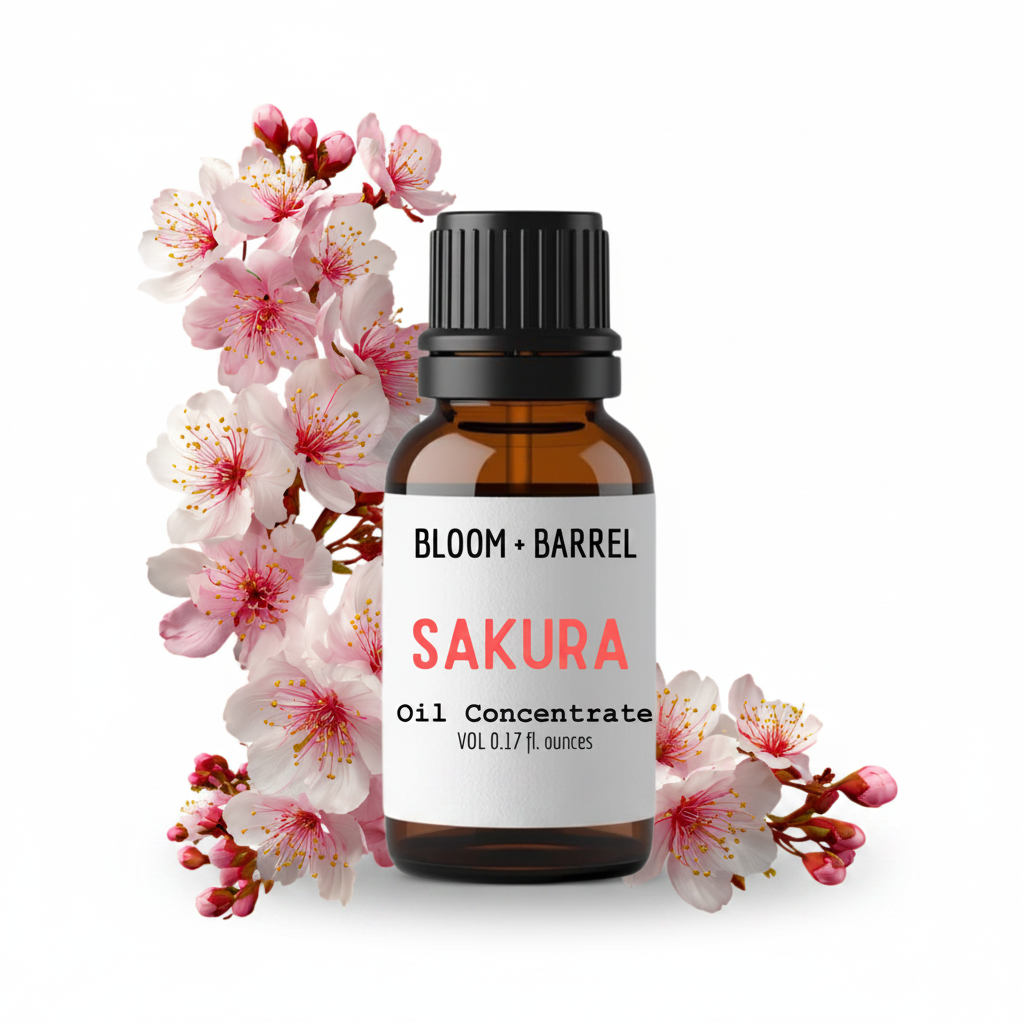 Bottle of Bloom & Barrel Sakura oil concentrate with cherry blossoms on a white background