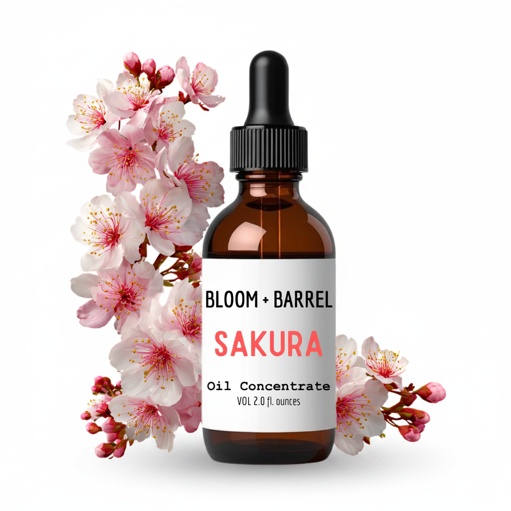 Bottle of Bloom + Barrel Sakura Oil Concentrate with cherry blossoms on a white background
