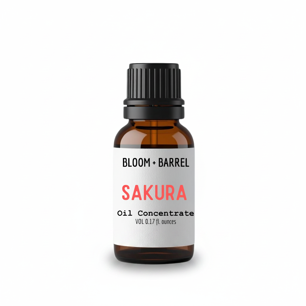 Bottle of Bloom & Barrel Sakura oil concentrate on a white background