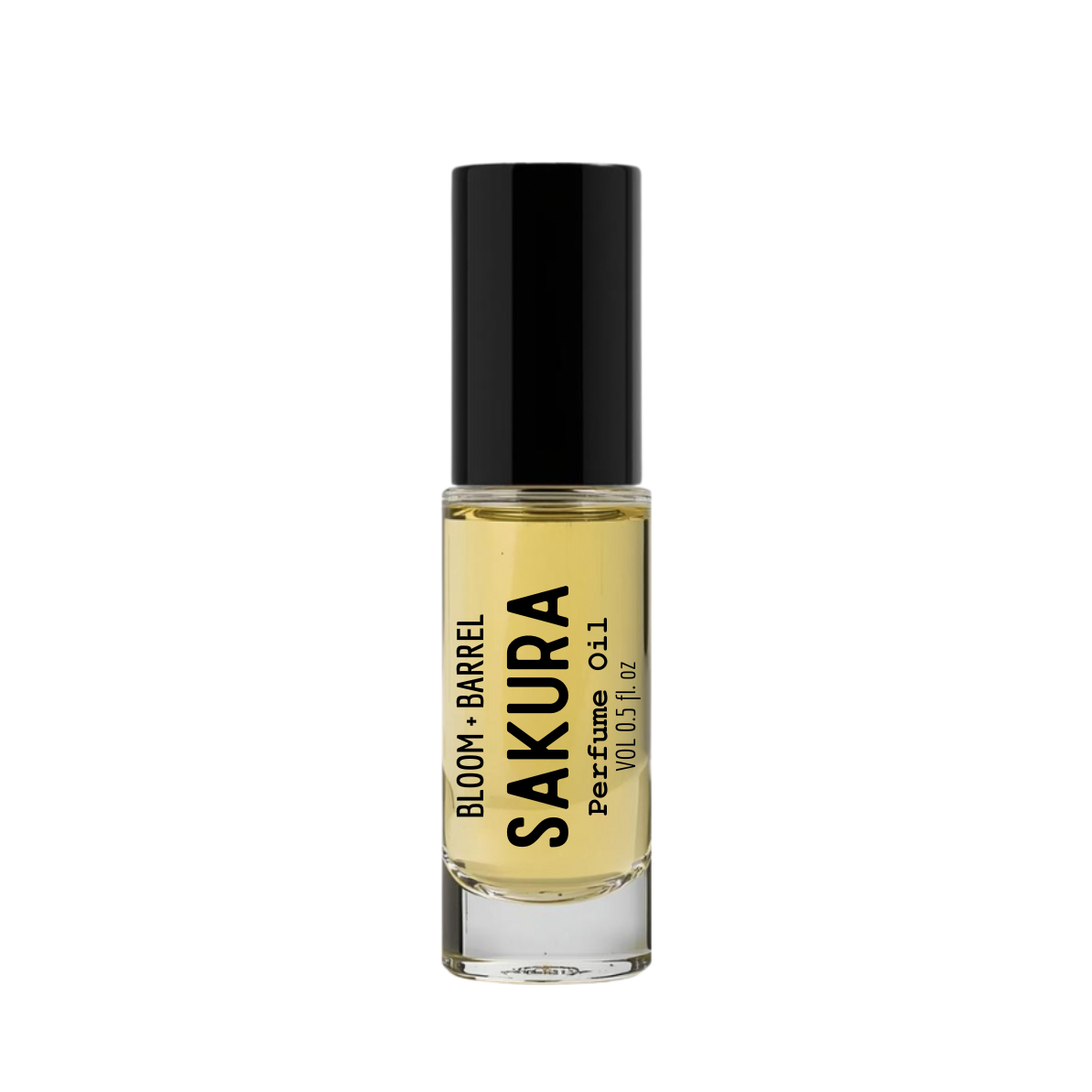 Perfume bottle labeled 'Sakura' by 'Bloom & Barrel' on a white background