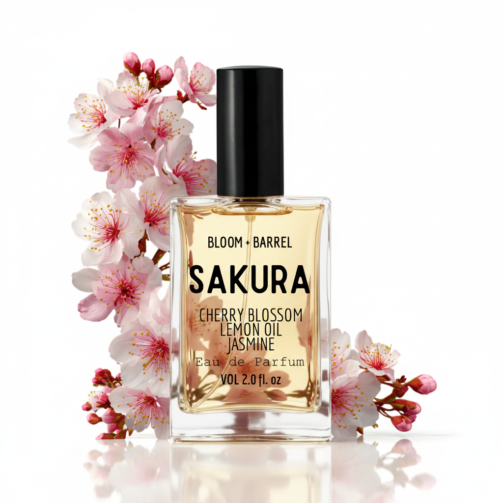 Bottle of Sakura Eau de Parfum with cherry blossoms on a white background