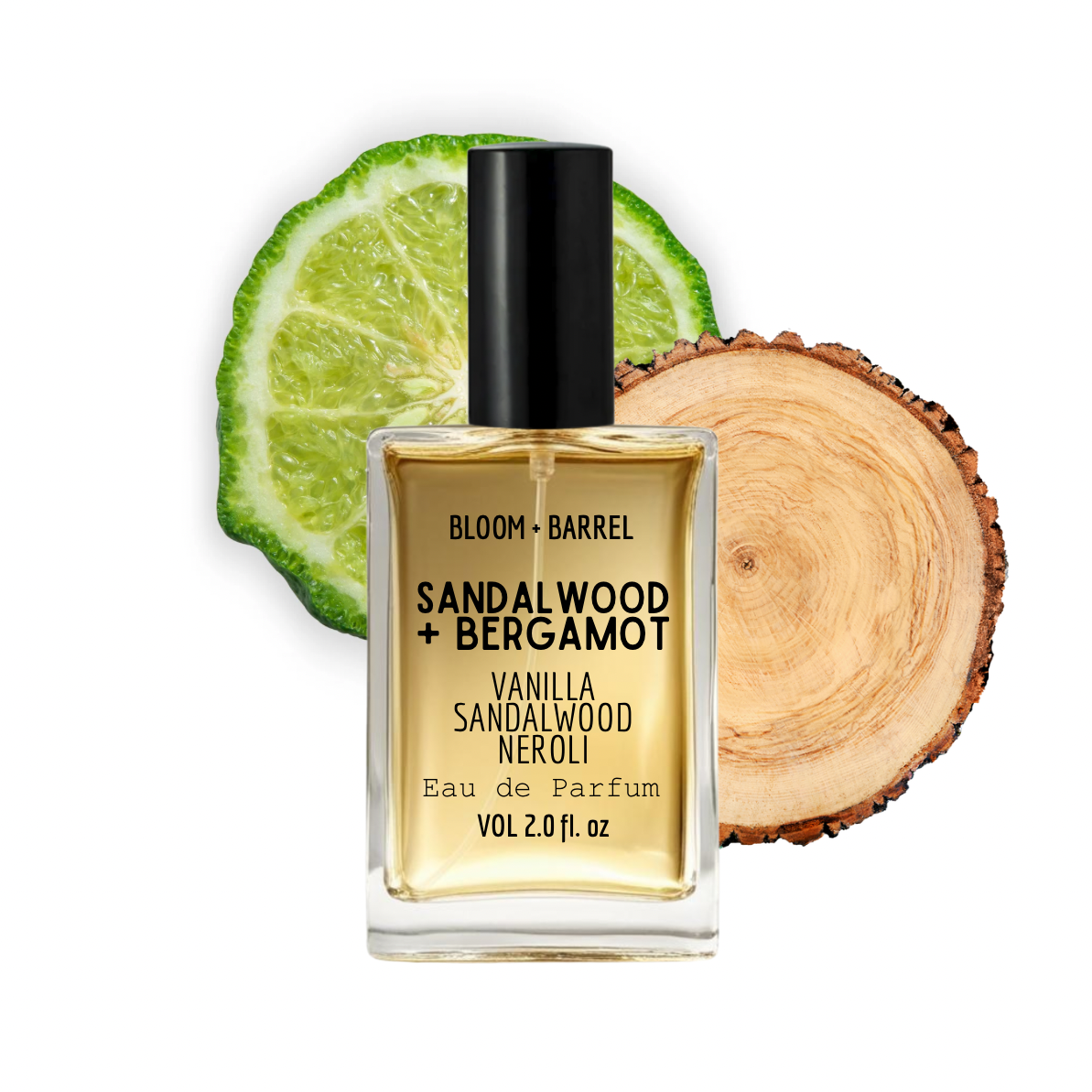 Perfume bottle labeled 'Sandalwood + Bergamot' with a lime and wooden slice on a white background
