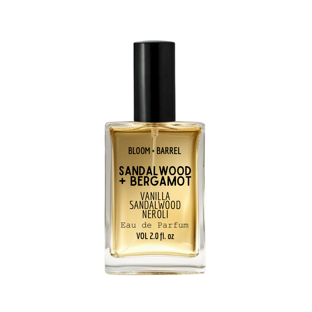Perfume bottle labeled 'Sandalwood + Bergamot' by Bloom & Barrel on a white background