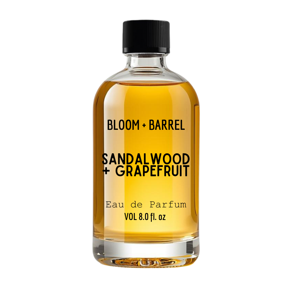 Bottle of Bloom & Barrel Sandalwood + Grapefruit Eau de Parfum on a white background