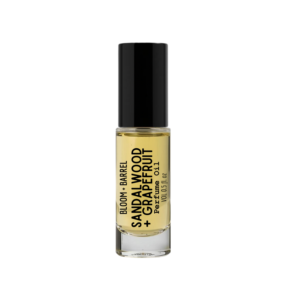 Perfume bottle labeled 'Sandalwood + Grapefruit' by Bloom & Barrel on a white background
