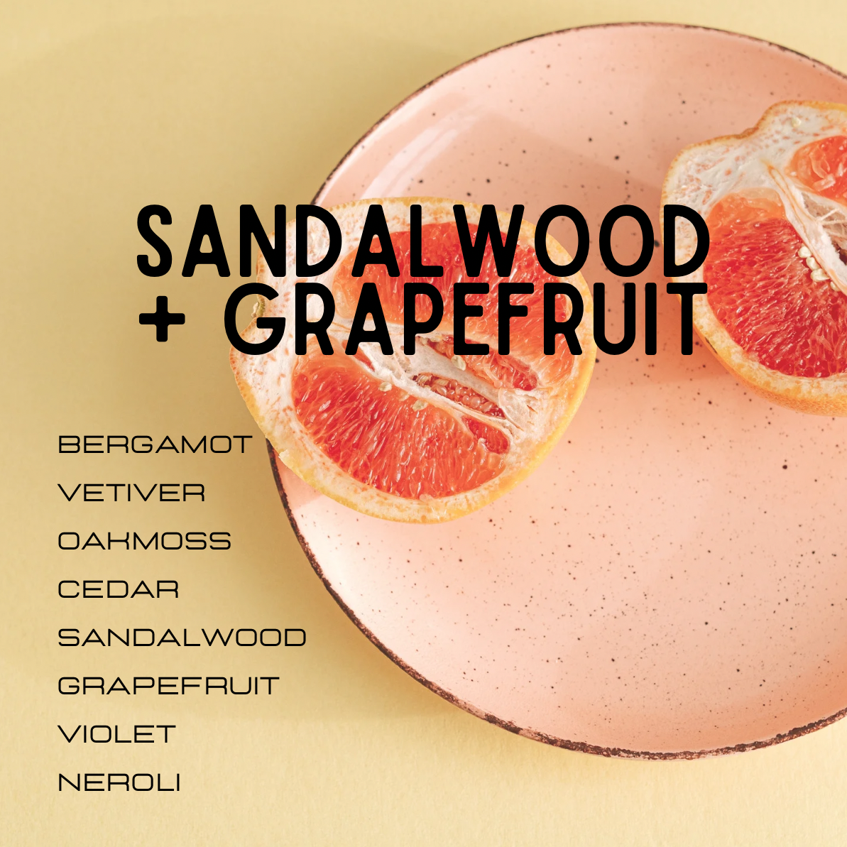 Sandalwood and grapefruit product with sliced grapefruit on a beige background