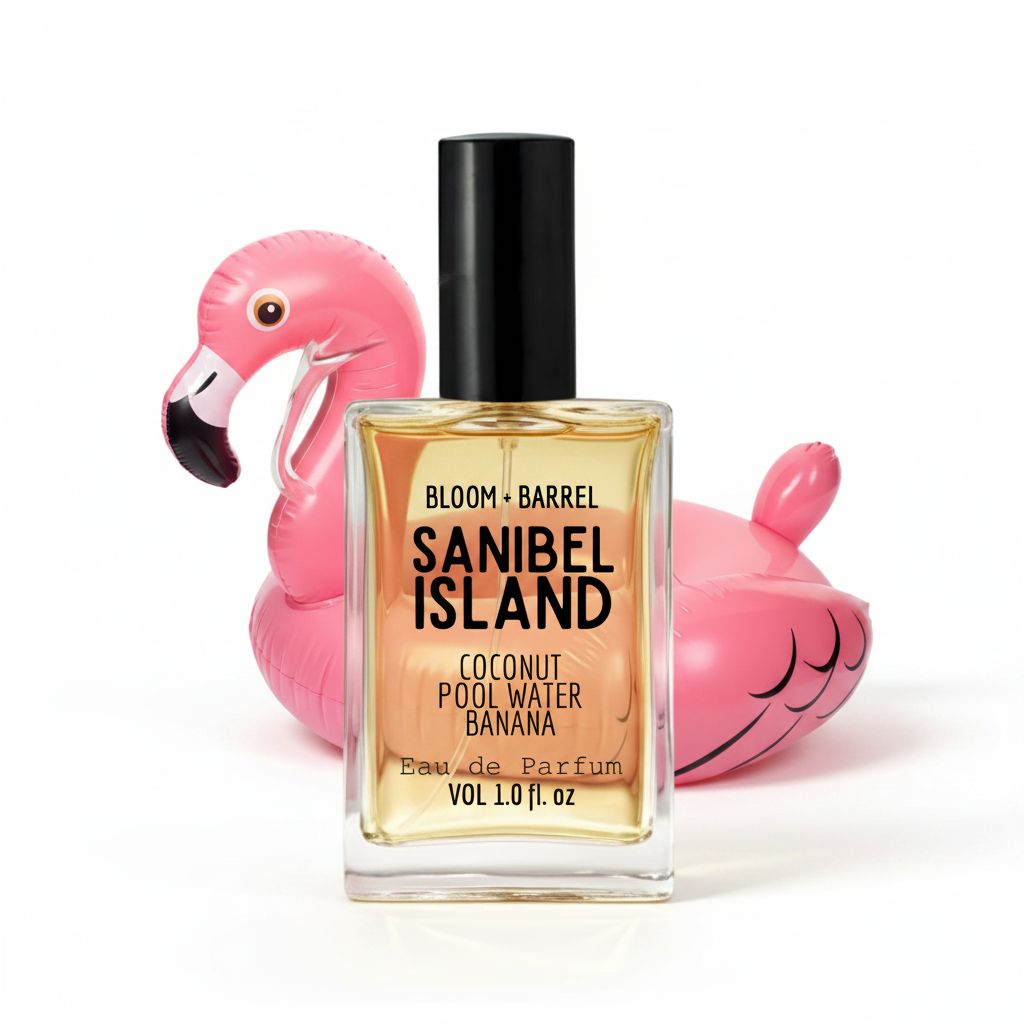 Perfume bottle labeled 'Sanibel Island' with a pink inflatable flamingo float on a white background