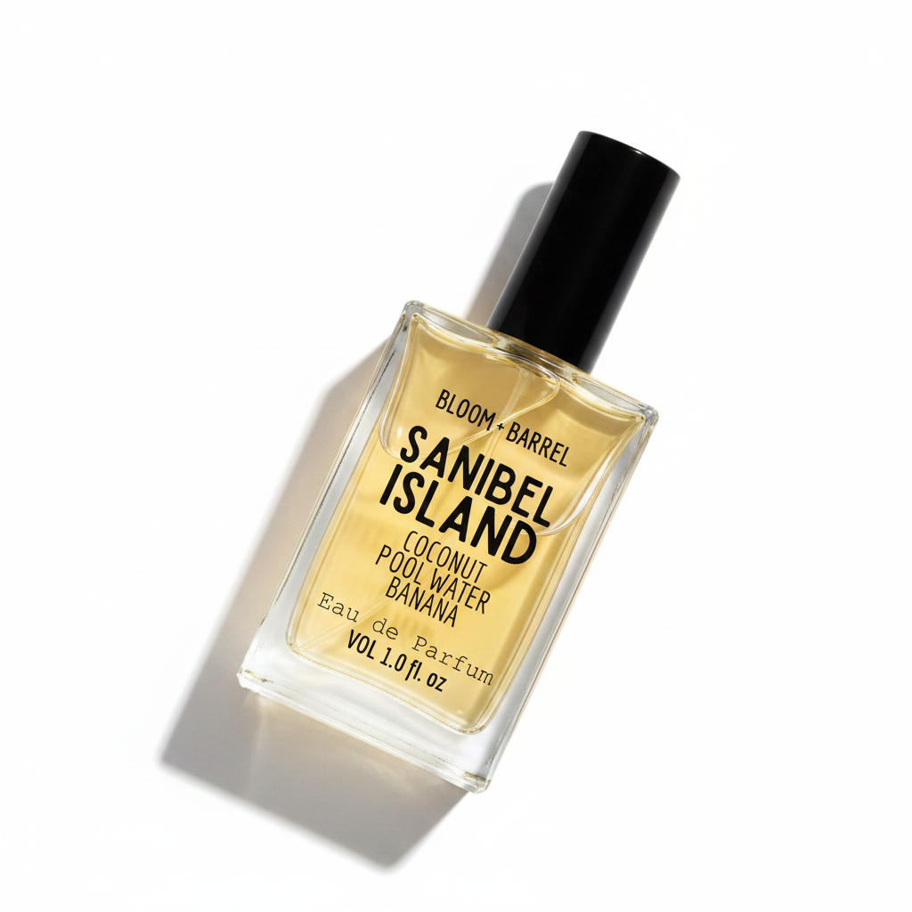 Perfume bottle labeled 'Sanibel Island' by Bloom & Barrel on a white background