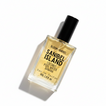 Perfume bottle labeled 'Sanibel Island' by Bloom & Barrel on a white background