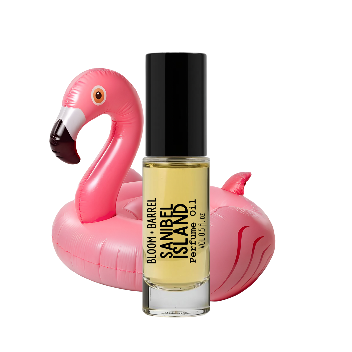 Perfume bottle with a pink flamingo float on a white background