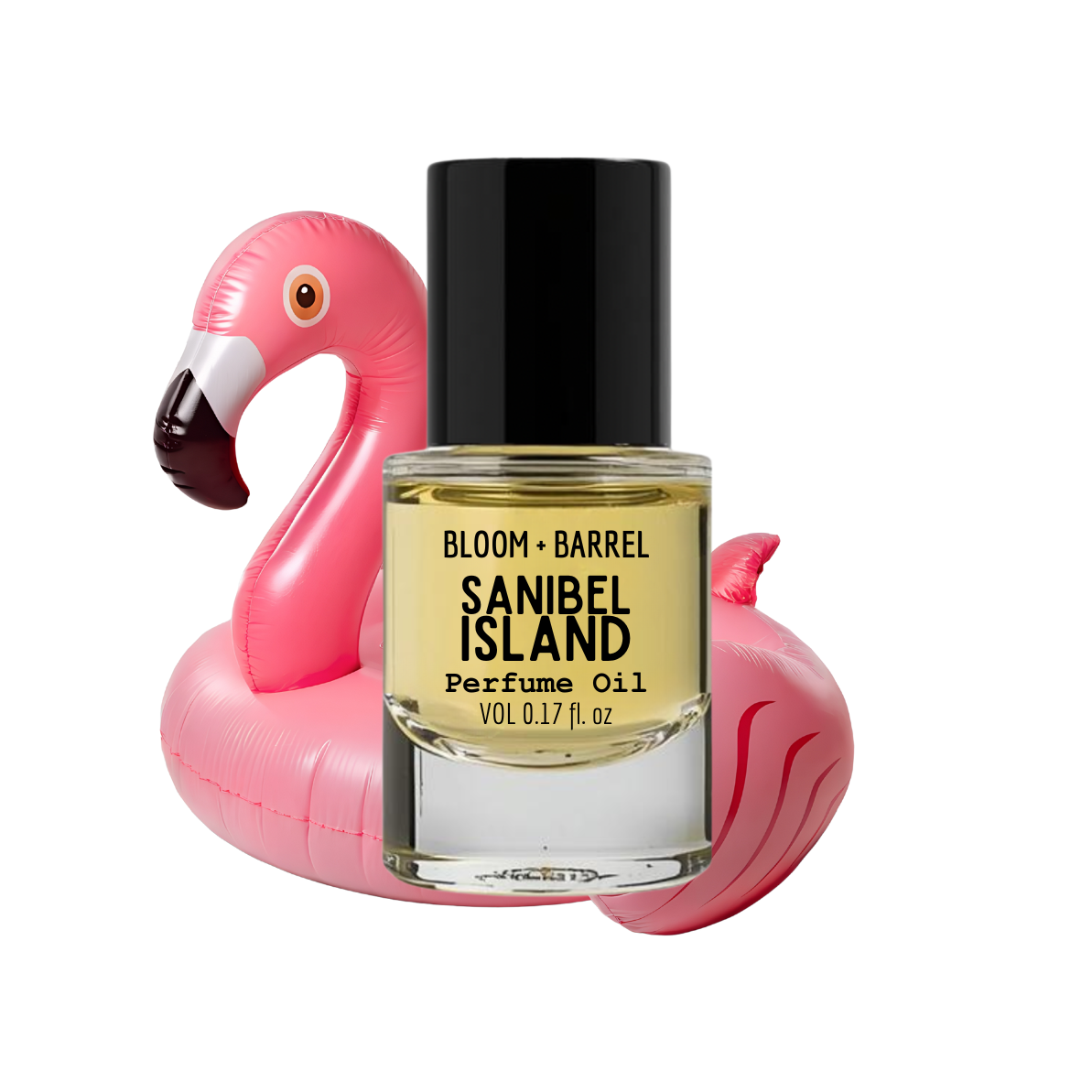 Perfume oil bottle labeled 'Sanibel Island' on a pink flamingo floatie with a white background