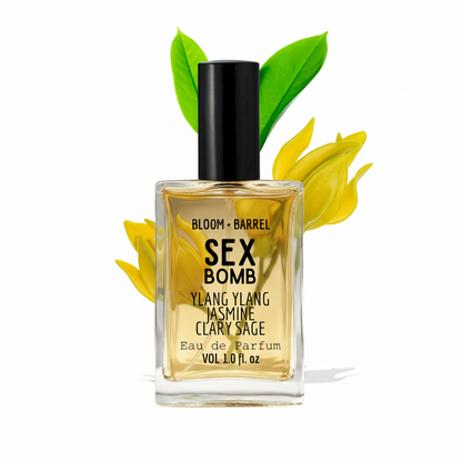 Perfume bottle labeled 'Sex Bomb' with floral elements on a white background