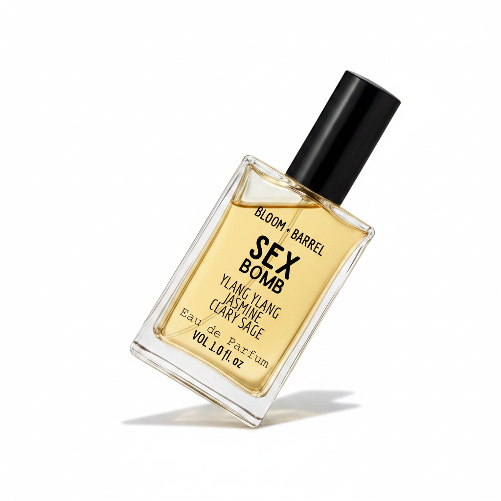 Perfume bottle labeled 'Sex Bomb' by Bloom & Barrel on a white background