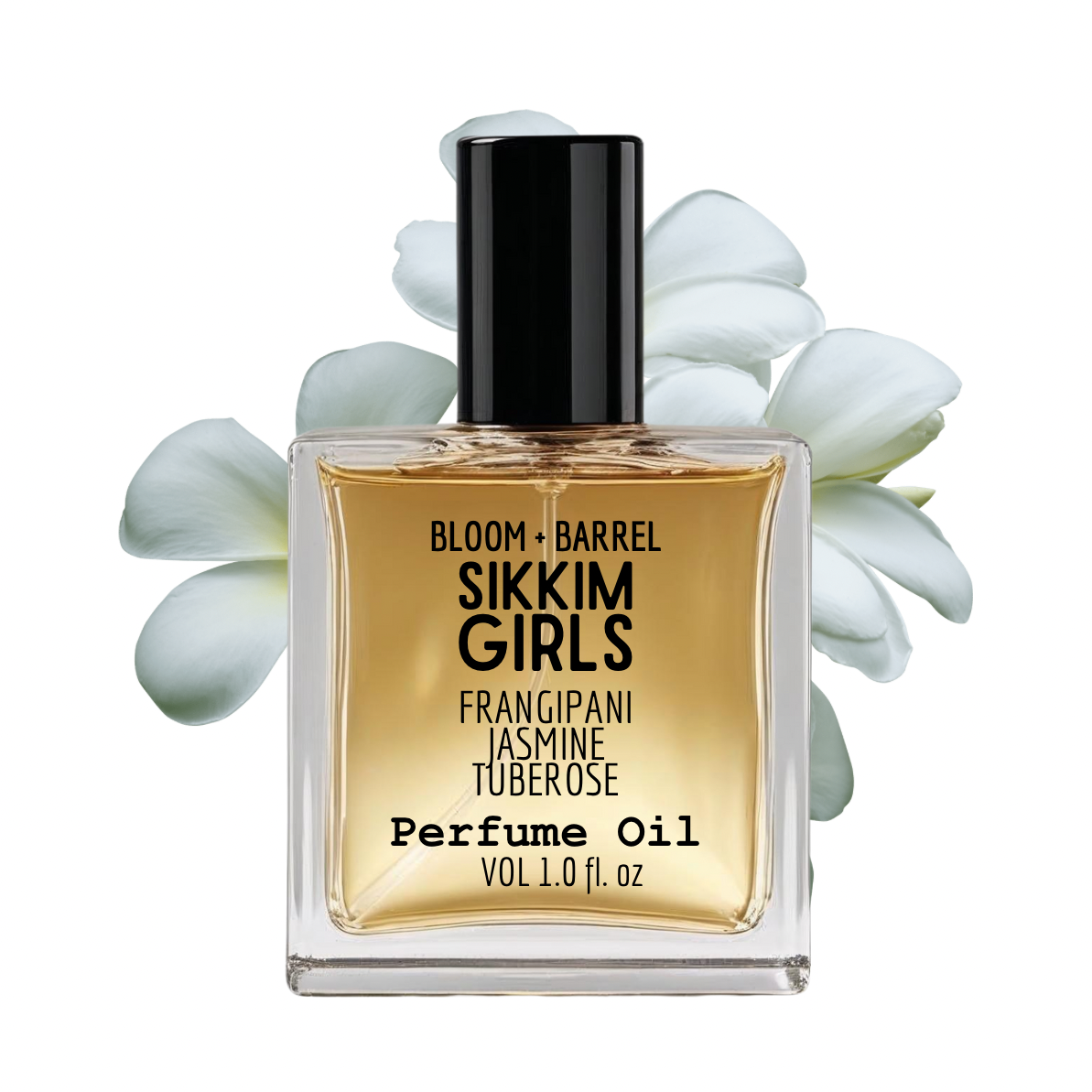 Perfume oil bottle labeled 'Sikkim Girls' with white flowers in the background