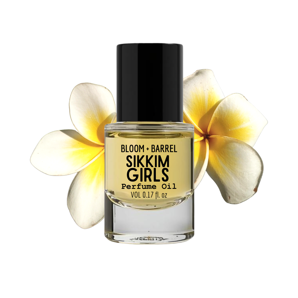 A bottle of Sikkim Girls perfume oil by Bloom Barrel, featuring a black cap and a clear glass bottle with a yellow-amber liquid, set against a white background with two yellow and white plumeria flowers behind it.