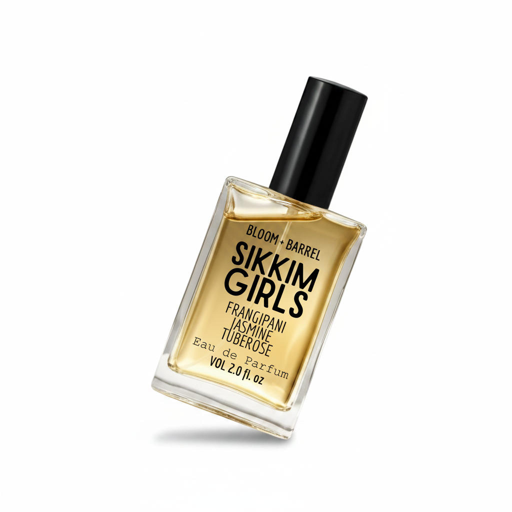 Perfume bottle labeled 'sikkim girls' by Bloom & Barrel on a white background