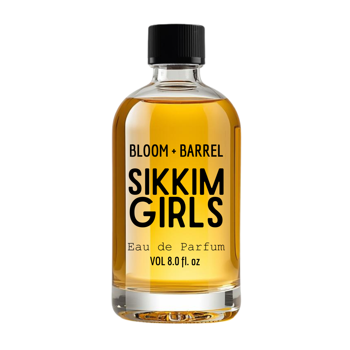 A clear glass bottle of Sikkim Girls Eau de Parfum by Bloom Barrel, filled with amber-colored liquid and topped with a black cap, shown against a plain white background.