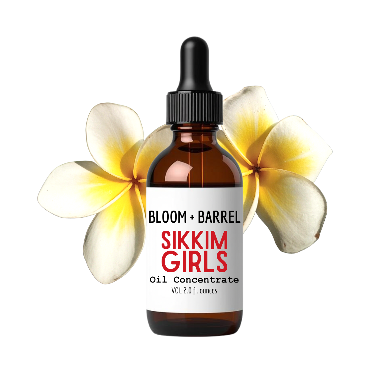 An amber glass dropper bottle labeled BLOOM + BARREL Sikkim Girls Oil Concentrate, centered on a white background with two yellow-and-white plumeria flowers behind it.