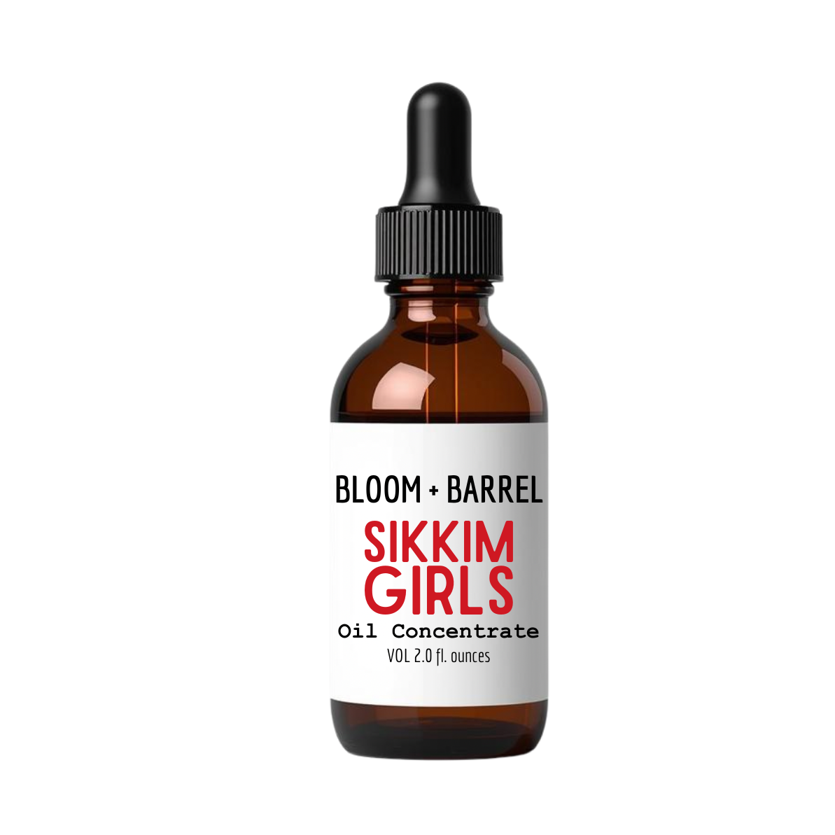 An amber glass dropper bottle with a black cap and a white label reading 'BLOOM + BARREL' and 'SIKKIM GIRLS Oil Concentrate' on a plain white background.
