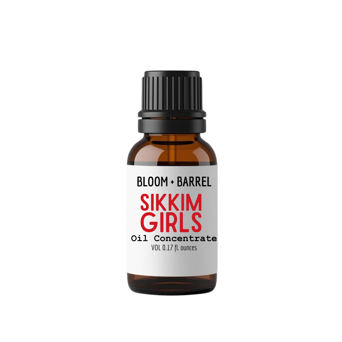 A small amber glass bottle with a black ribbed cap and a white label reading 'BLOOM + BARREL' and 'SIKKIM GIRLS Oil Concentrate' on a plain white background.