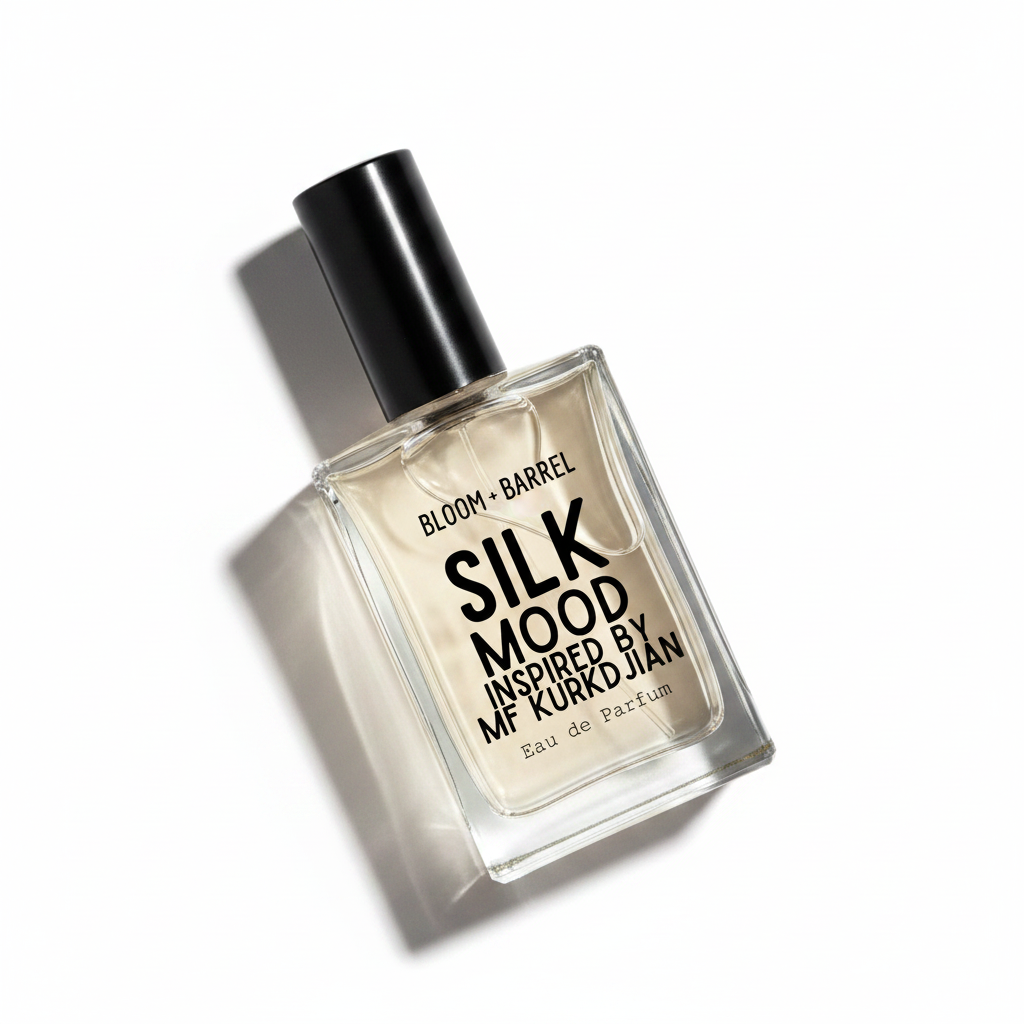 Bloom Barrel Silk Mood Eau de Parfum in a clear rectangular glass bottle with a black cap, on a white background.