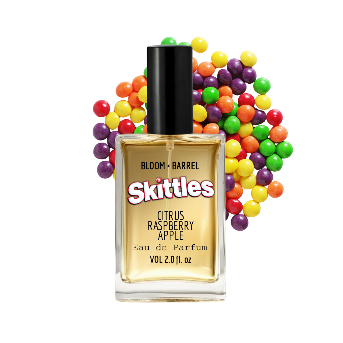 Skittles-themed perfume bottle with colorful candies on a white background