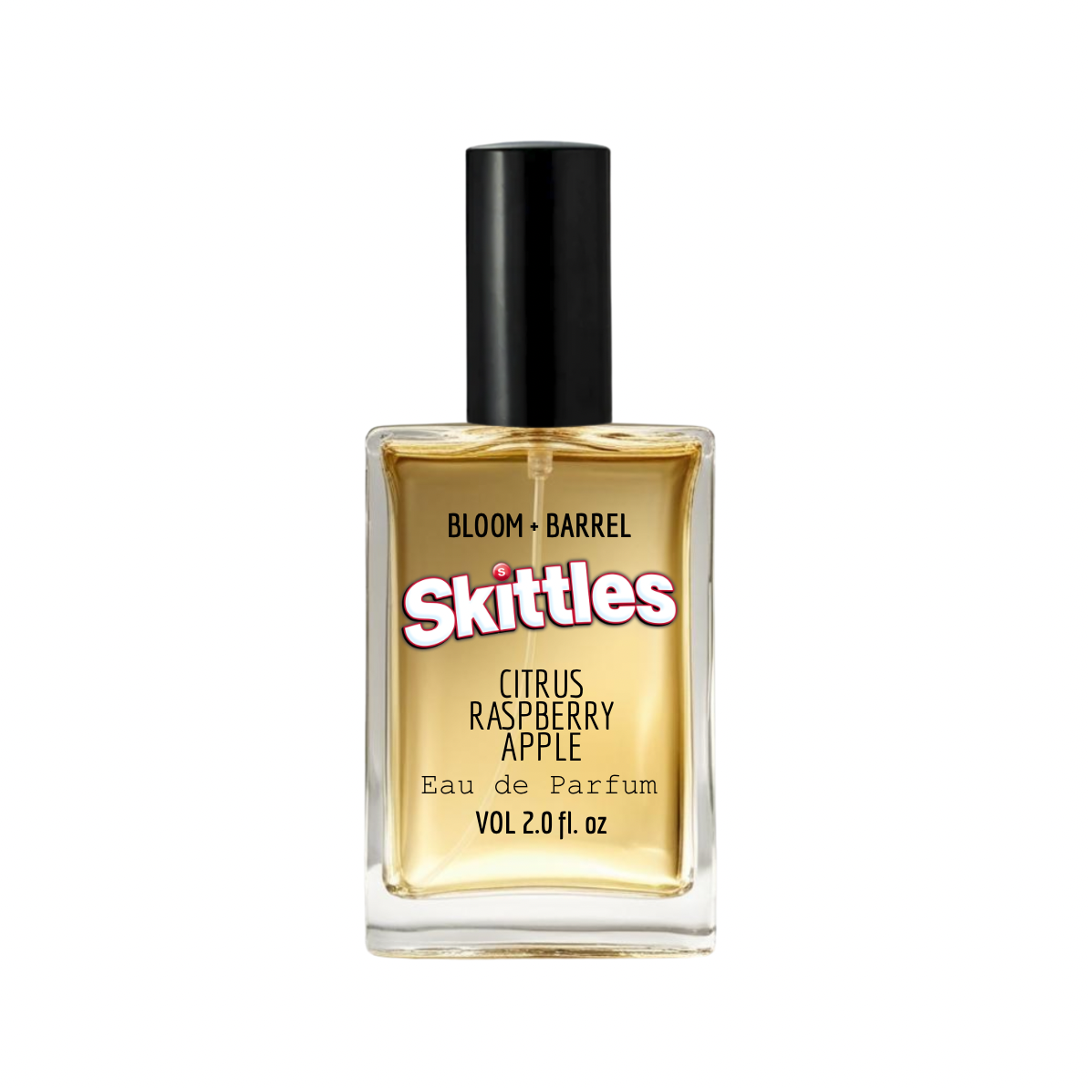 Skittles eau de parfum bottle on a white background