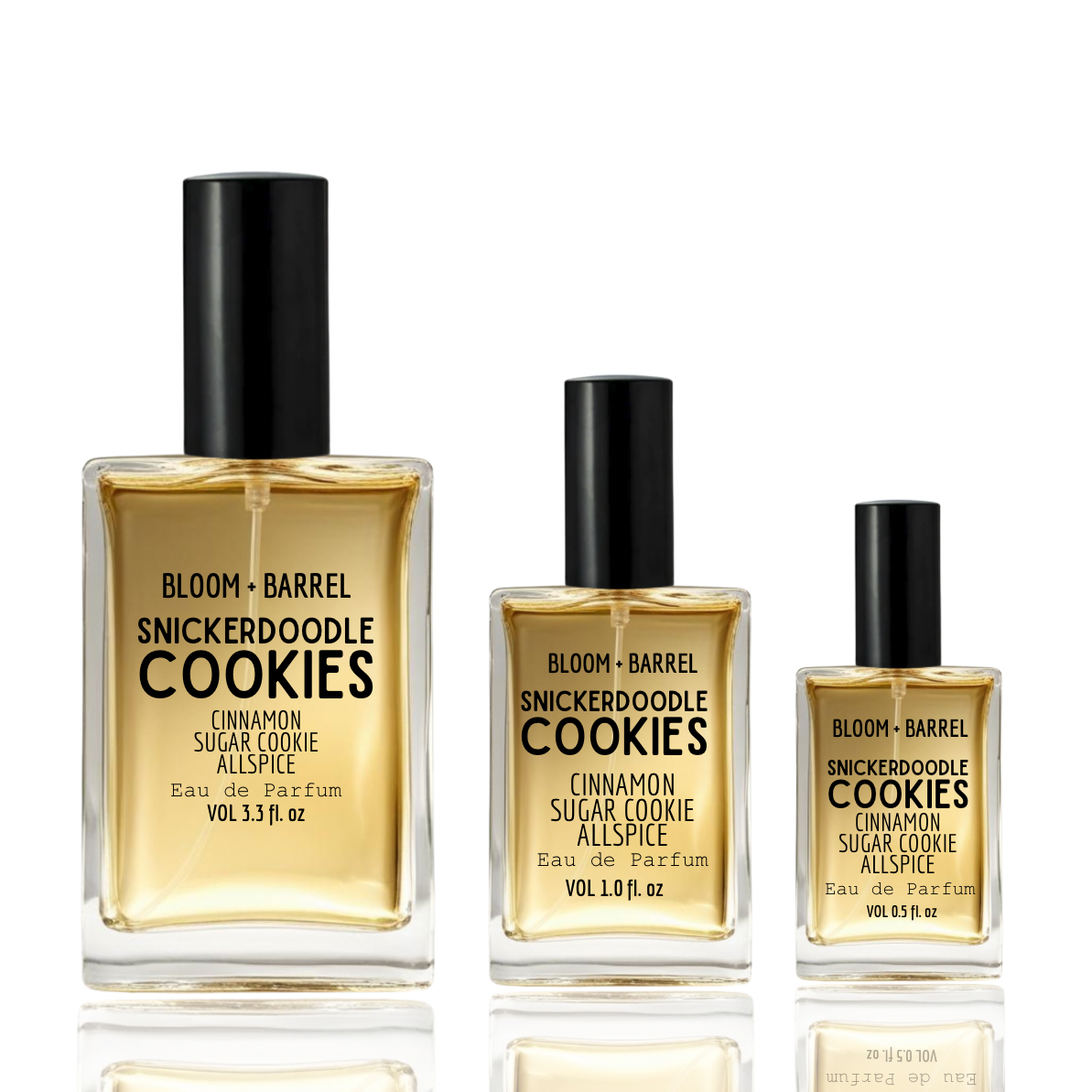 Three bottles of Bloom & Barrel Snickerdoodle Cookies perfume on a white background