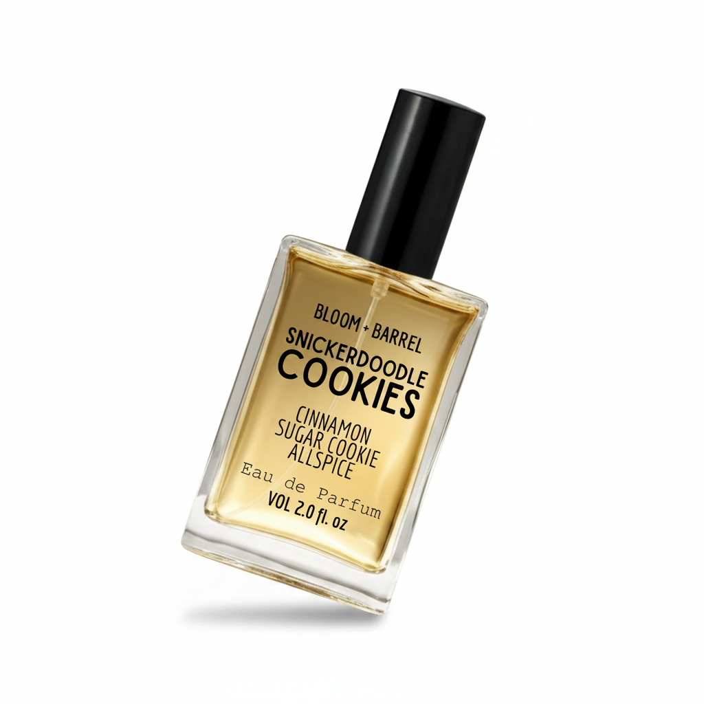 Perfume bottle labeled 'Snickerdoodle Cookies' by Bloom & Barrel on a white background