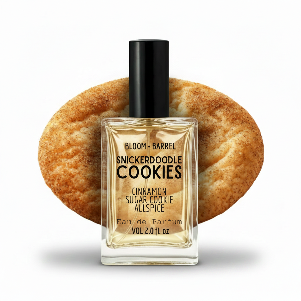 Perfume bottle labeled 'Snickerdoodle Cookies' with a snickerdoodle cookie in the background