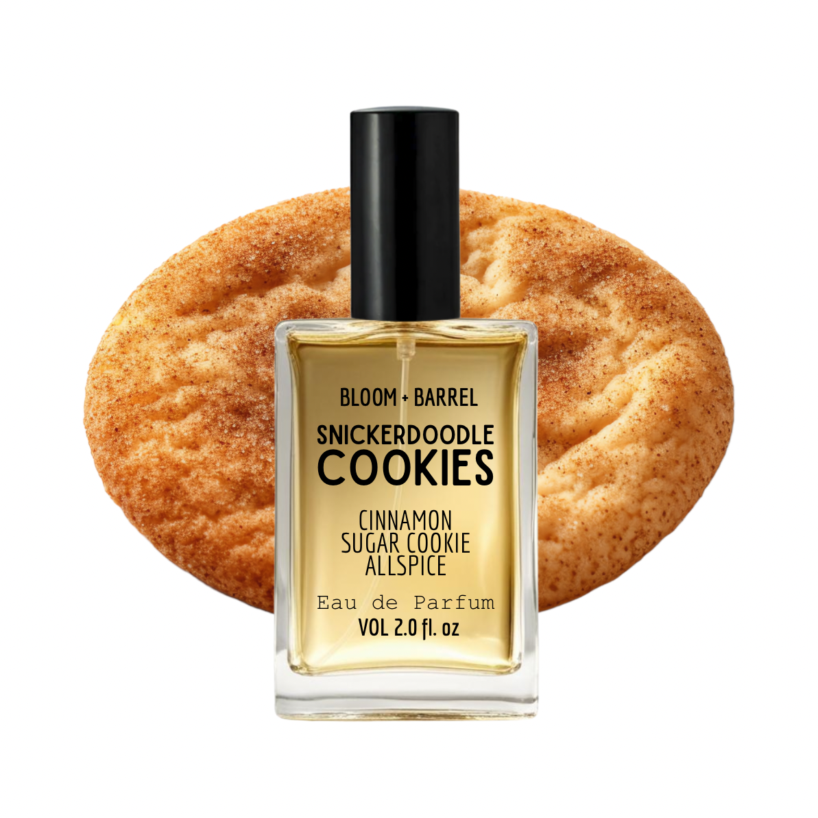 Perfume bottle labeled 'Snickerdoodle Cookies' with a snickerdoodle cookie in the background