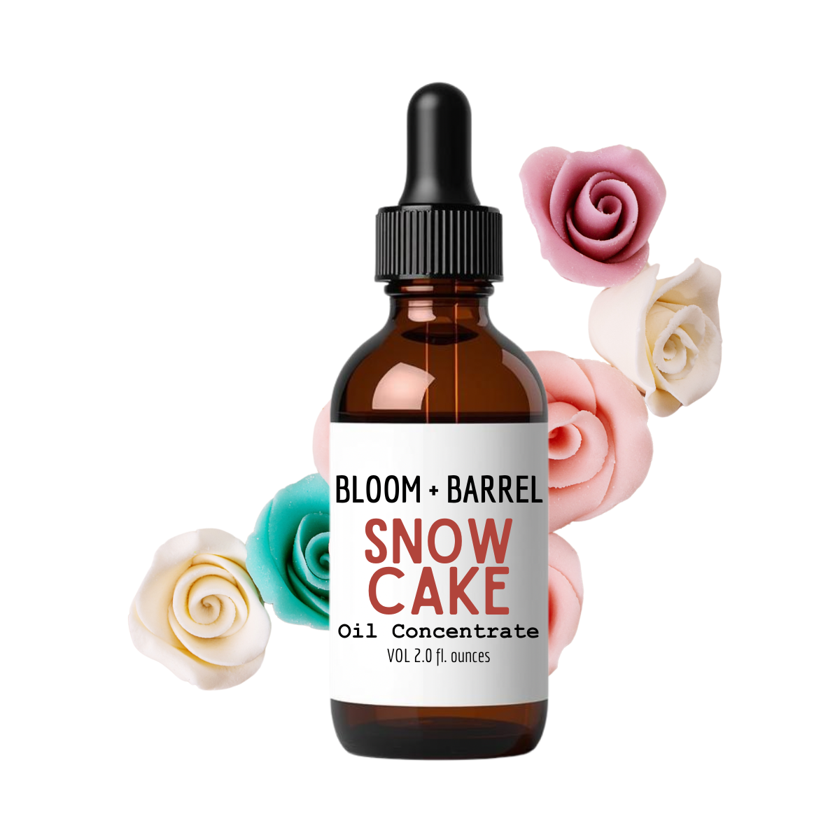 Bottle of Bloom + Barrel Snow Cake Oil Concentrate with decorative flowers on a white background