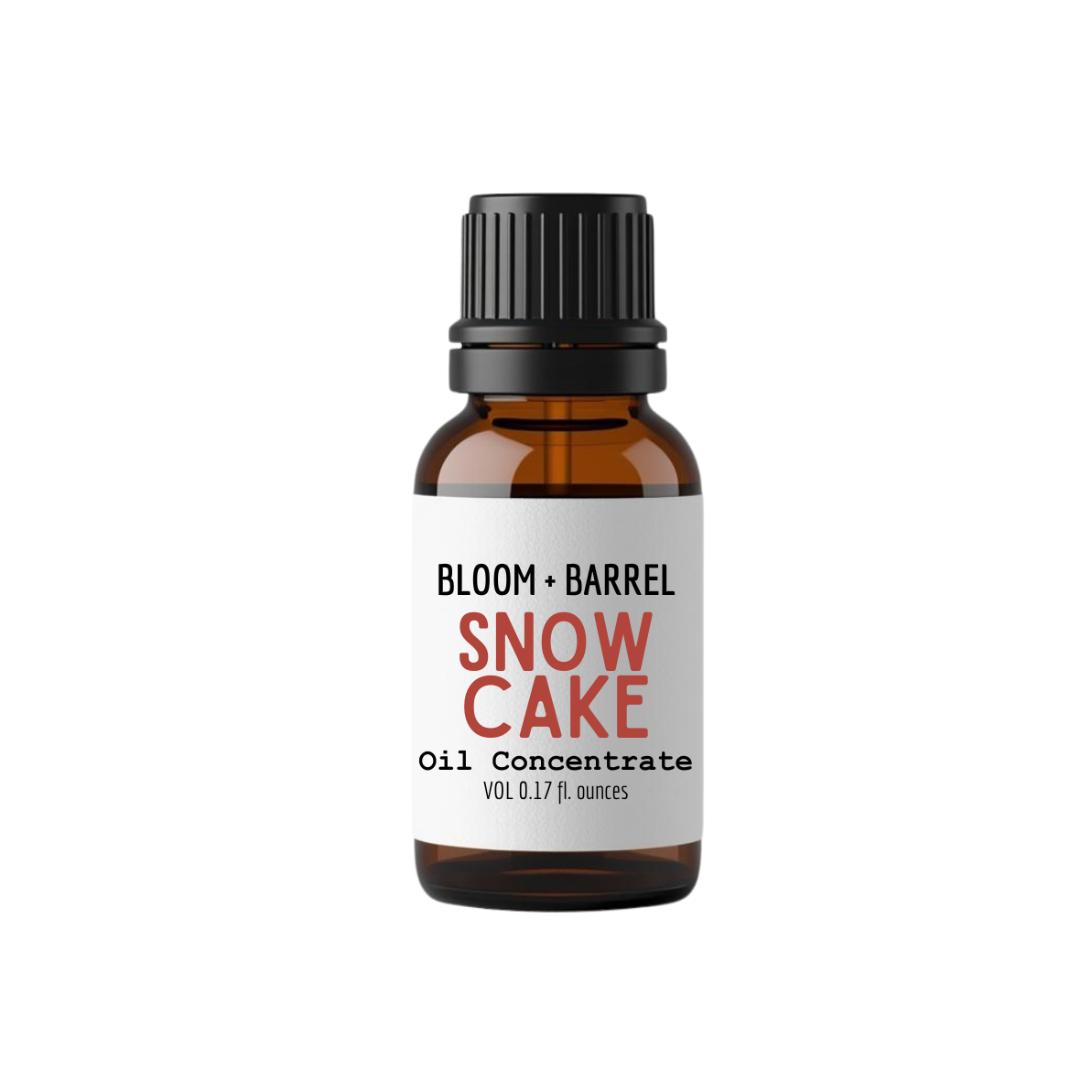Bottle of Bloom & Barrel Snow Cake oil concentrate on a white background