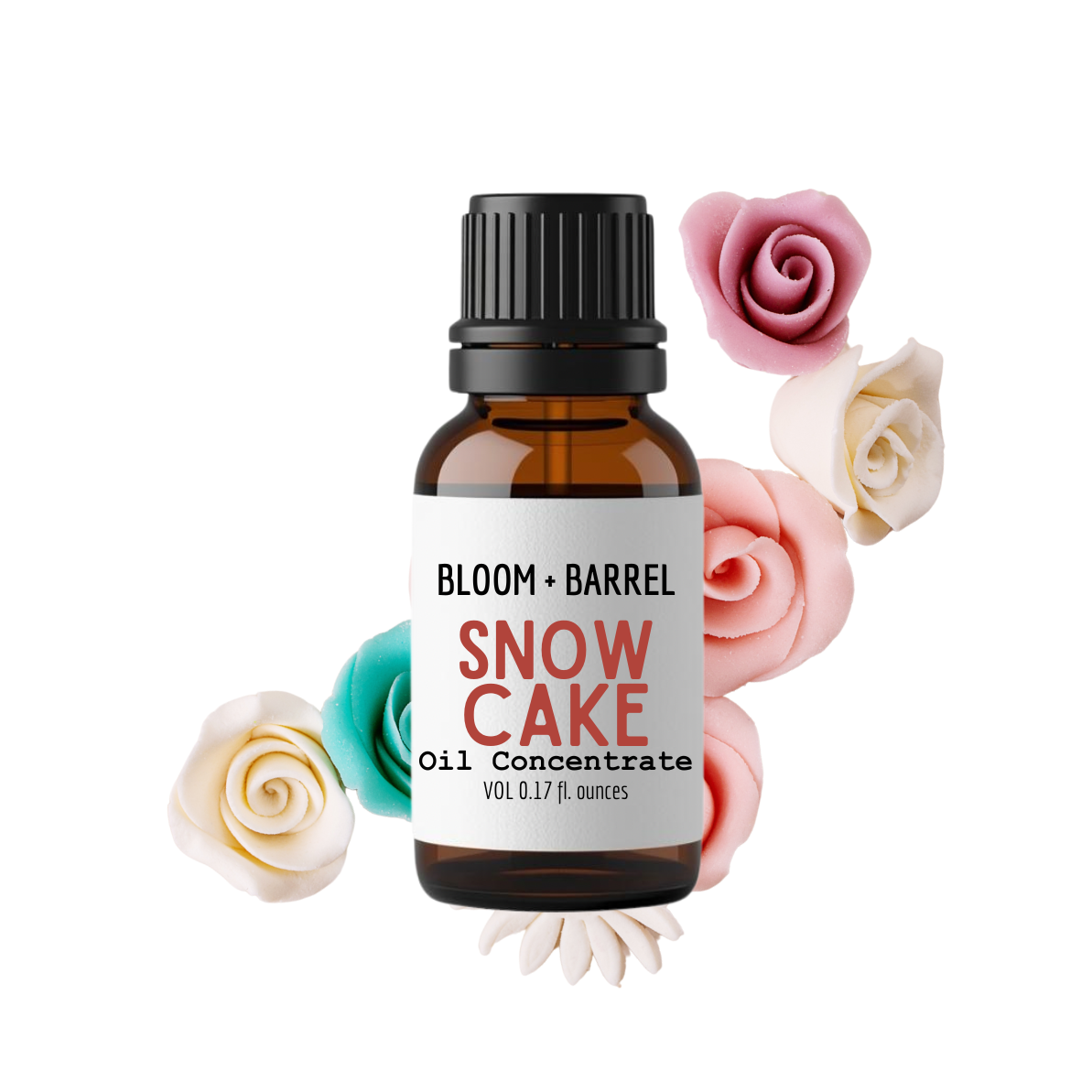 Bottle of Bloom & Barrel Snow Cake Oil Concentrate with flowers on a white background