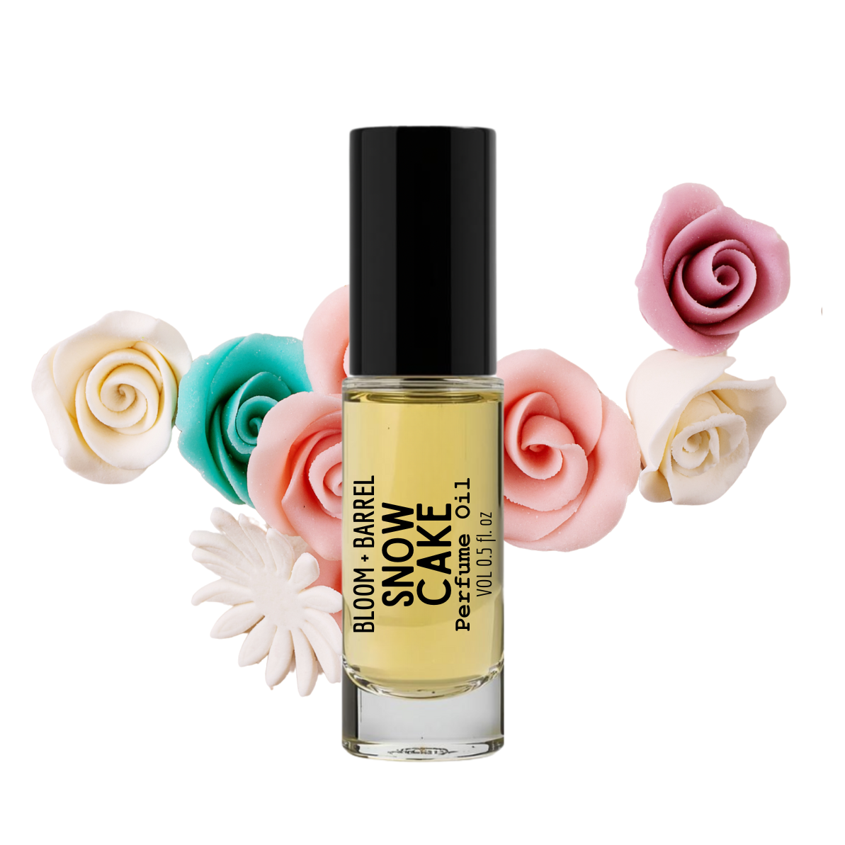 Perfume bottle labeled 'Snow Cake' surrounded by decorative flowers on a white background