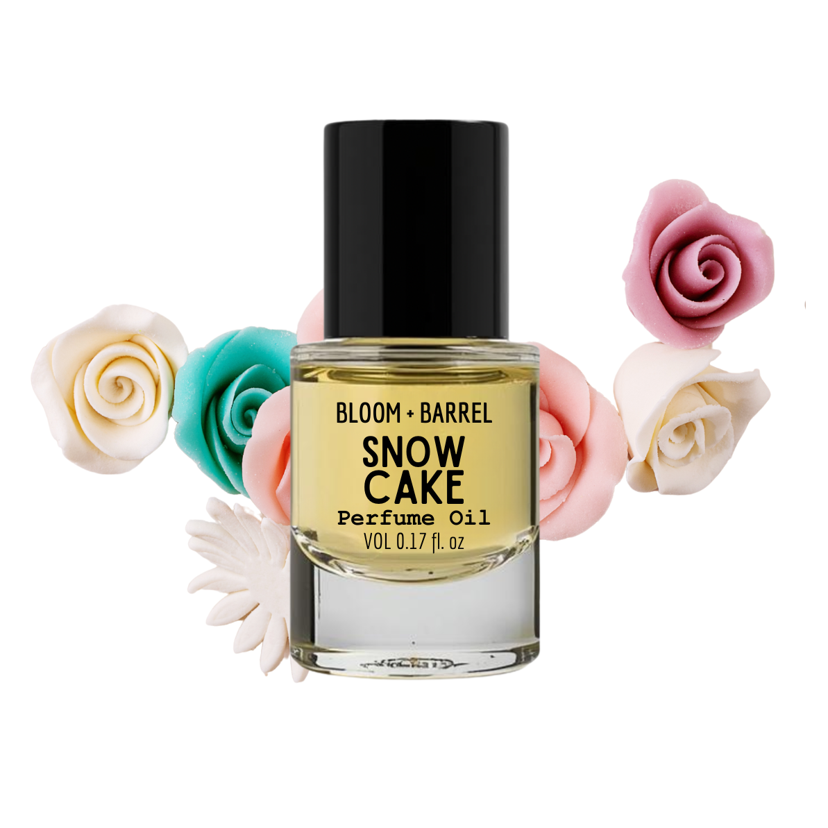 Snow Cake perfume oil bottle with decorative flowers on a white background