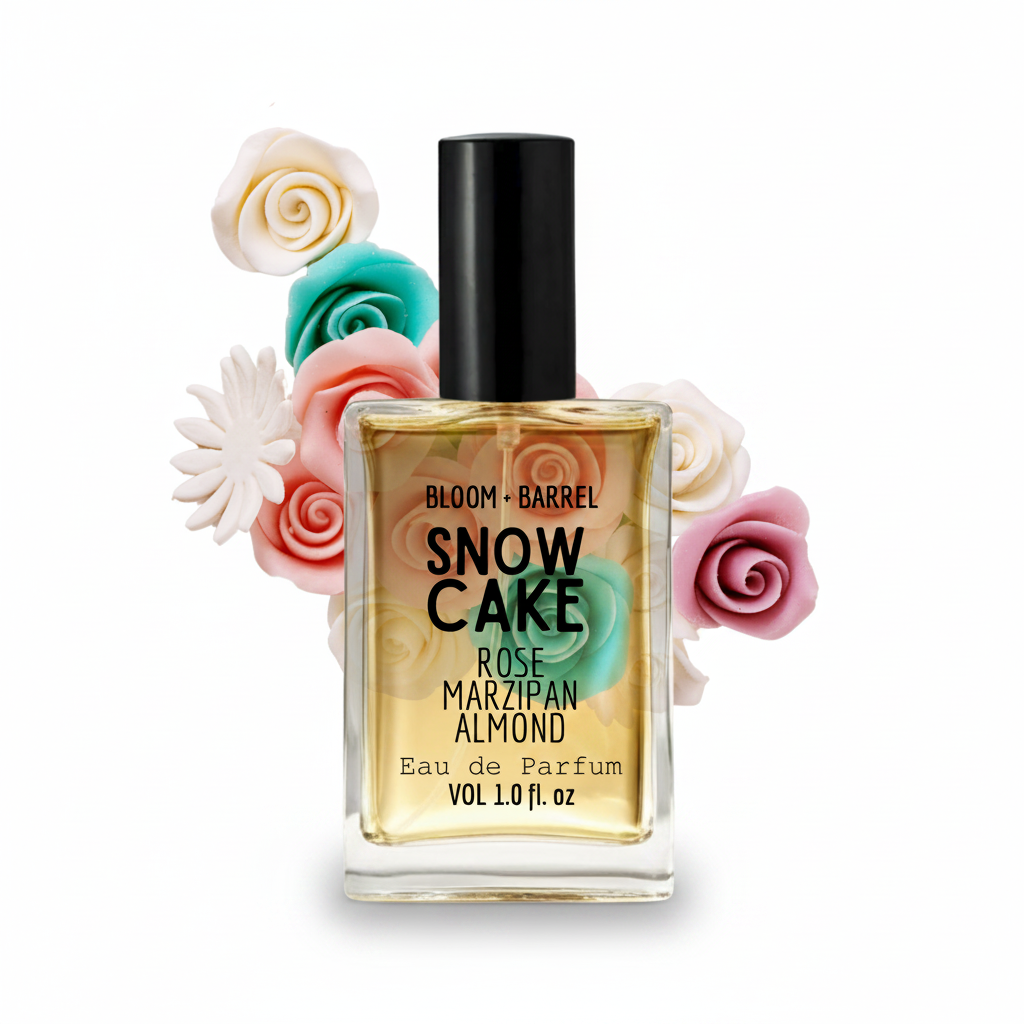 Perfume bottle labeled 'Snow Cake' with decorative flowers on a white background