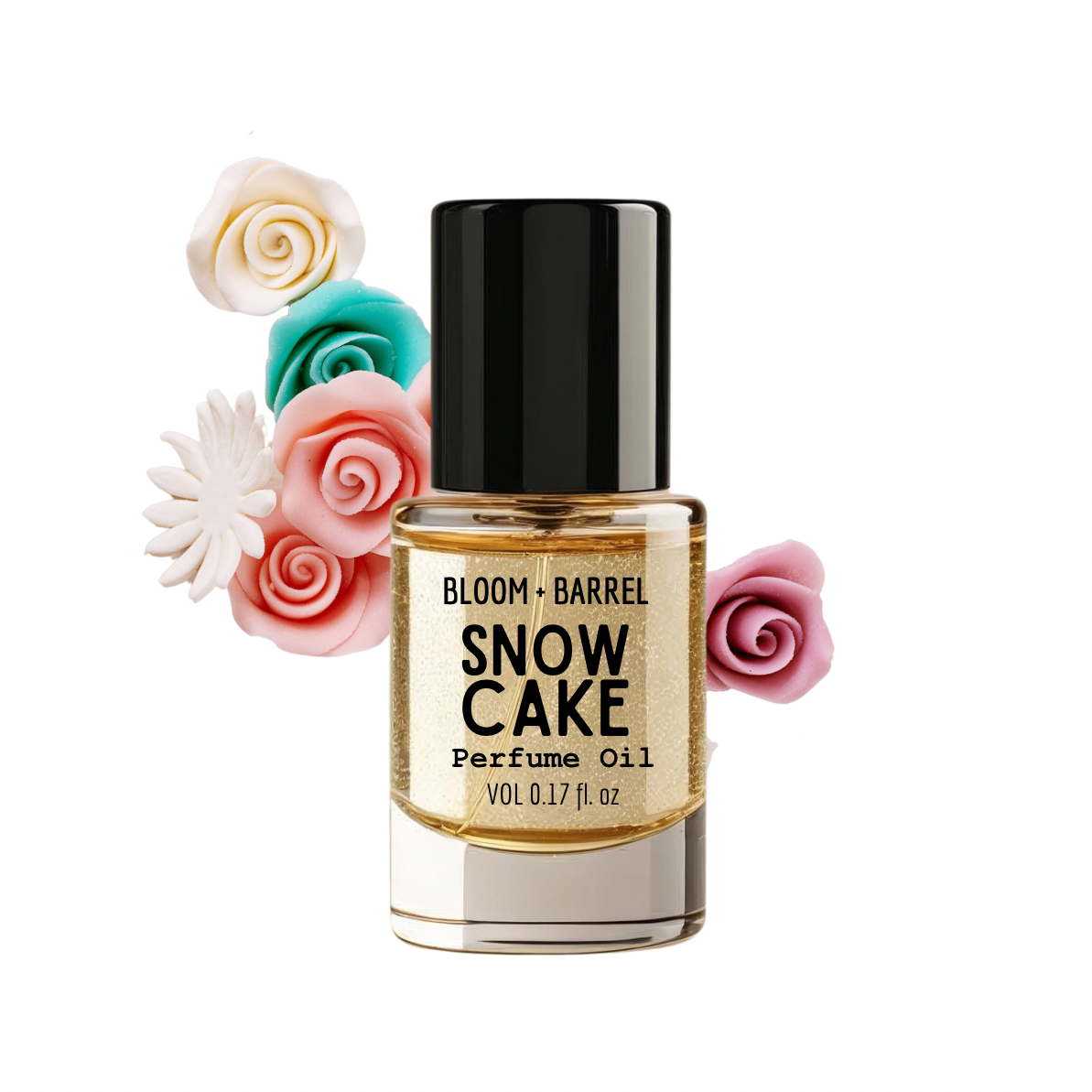 Bottle of Snow Cake perfume oil with decorative flowers on a white background