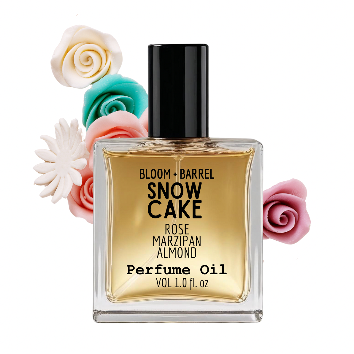 Perfume oil bottle labeled 'Snow Cake' with decorative flowers on a white background