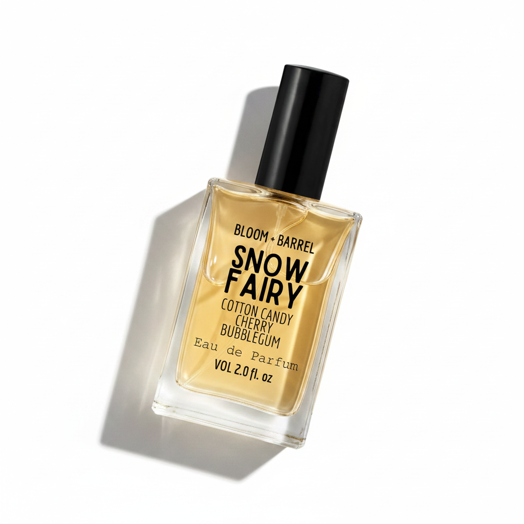 Perfume bottle labeled 'Snow Fairy' by Bloom & Barrel on a white background