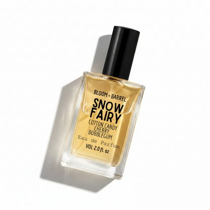 Perfume bottle labeled 'Snow Fairy' by Bloom & Barrel on a white background
