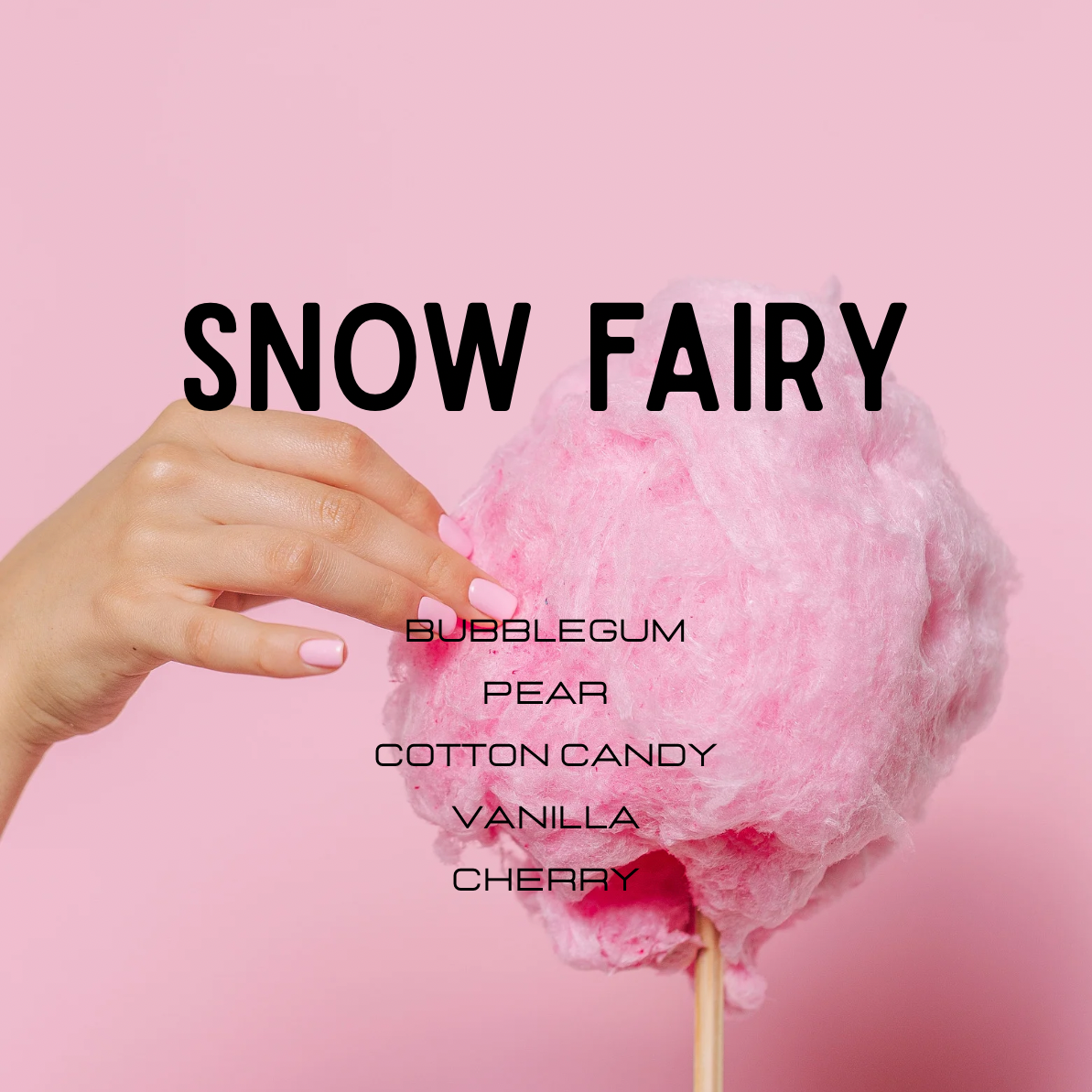Pink cotton candy on a stick with 'Snow Fairy' branding and flavor options on a pink background.