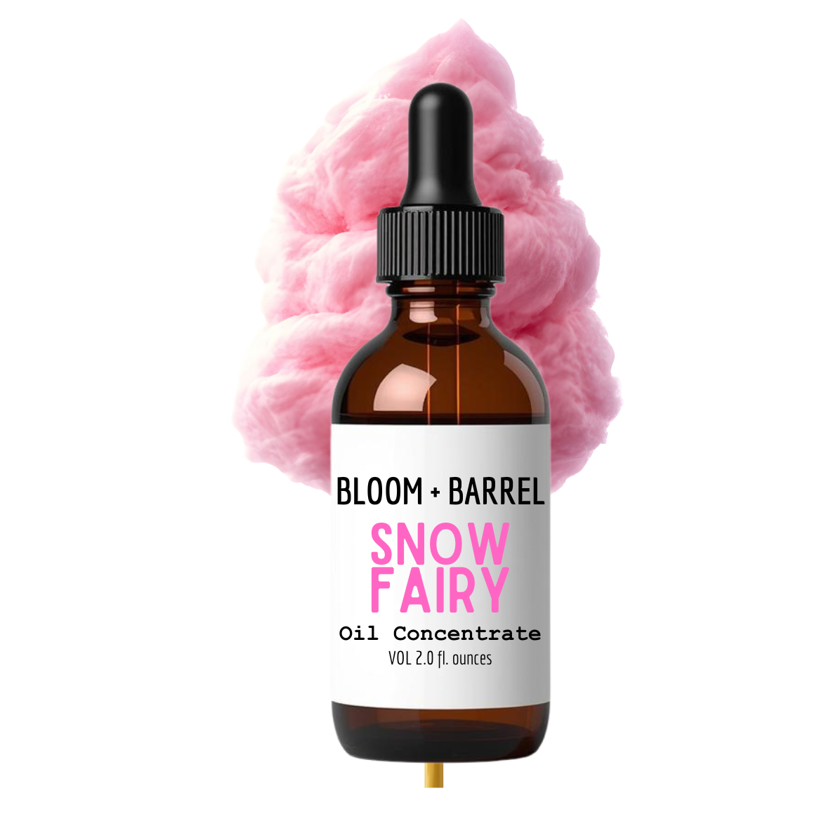 Bottle of Bloom + Barrel Snow Fairy oil concentrate with pink cotton candy in the background