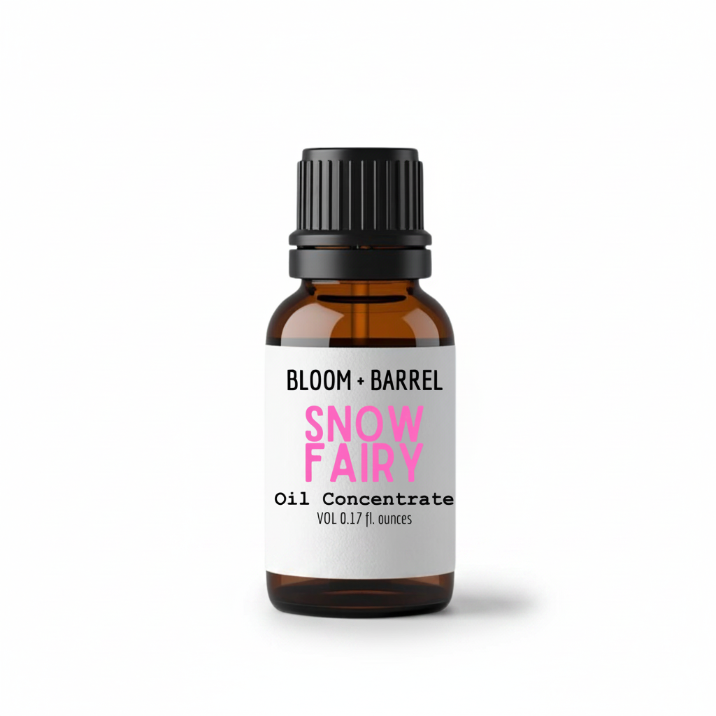 Bottle of Bloom & Barrel Snow Fairy oil concentrate on a white background