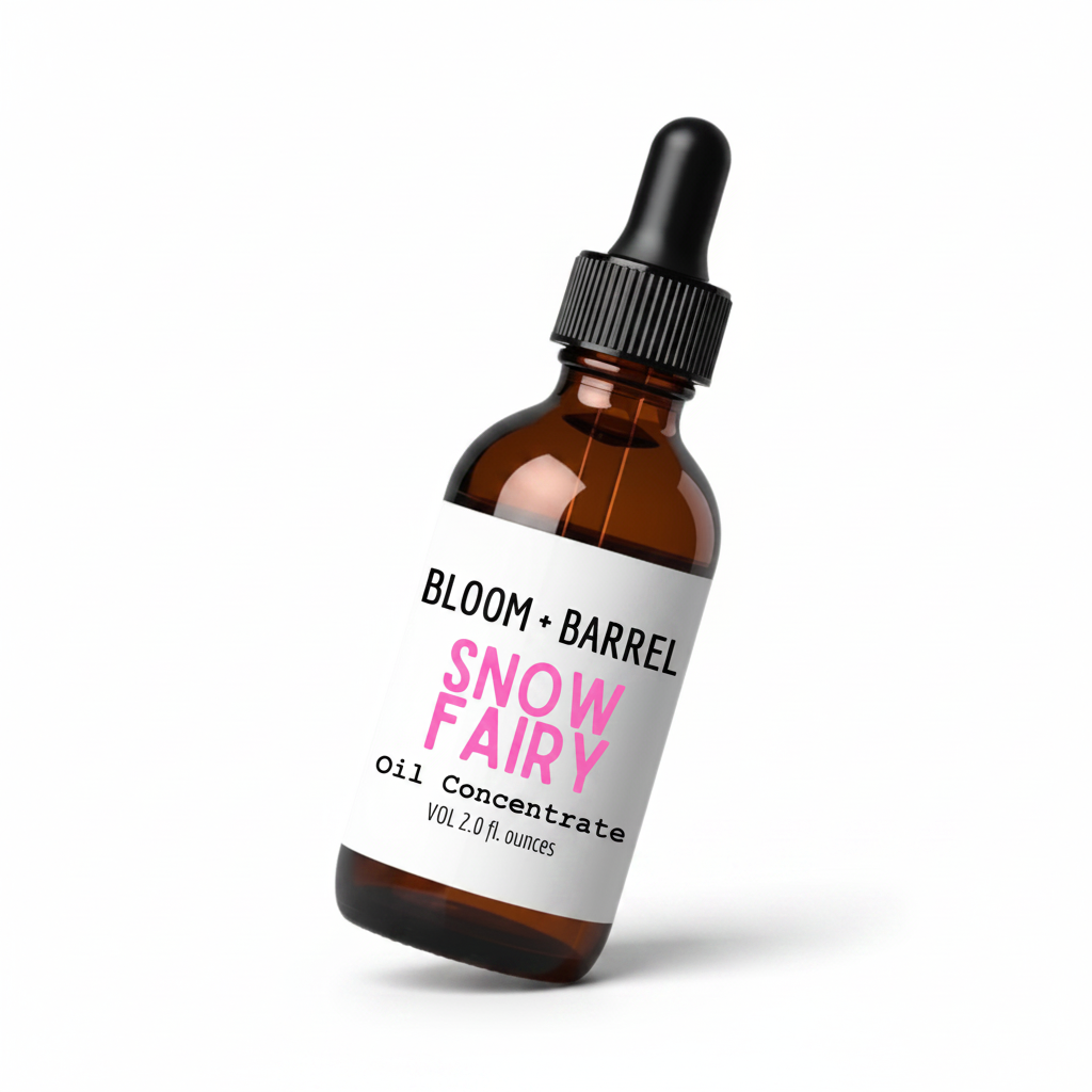 Bottle of Bloom + Barrel Snow Fairy Oil Concentrate on a white background