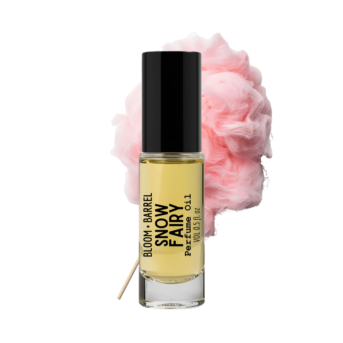 Perfume bottle labeled 'Snow Fairy' with a pink cotton candy-like cloud on a white background