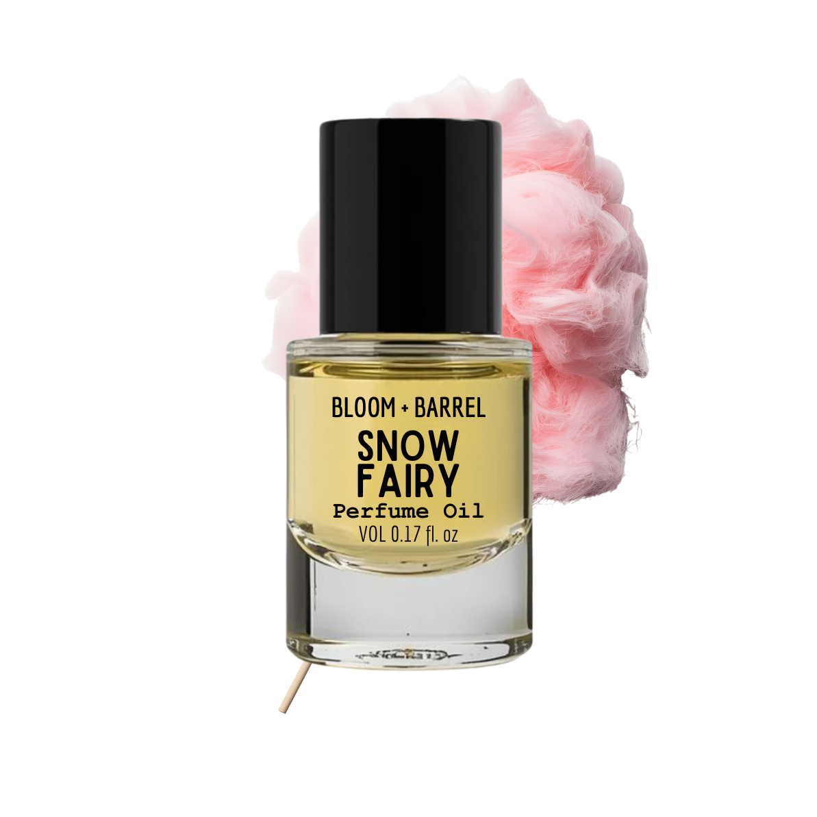 Perfume oil bottle labeled 'Snow Fairy' by Bloom & Barrel with a cotton candy background.