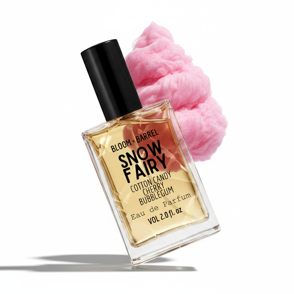 Perfume bottle labeled 'Snow Fairy' with cotton candy on a white background