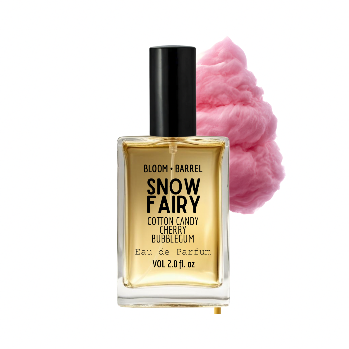 Perfume bottle labeled 'Snow Fairy' with cotton candy on a white background
