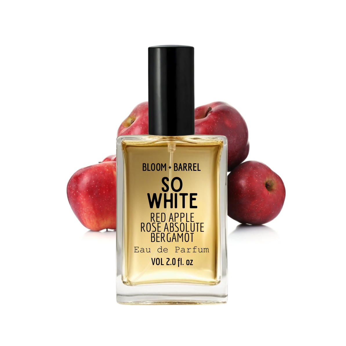 Perfume bottle labeled 'So White' with red apples on a white background